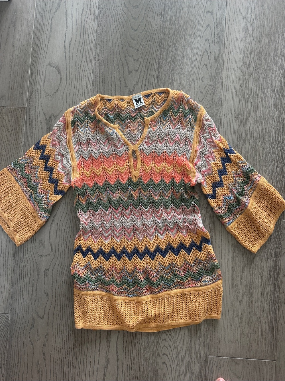 M by Missoni Multicolor Chevron V-Neck Sweater with Yellow Trim